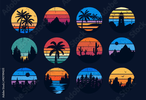 Retro 80s sunset. Grunge striped round cyberpunk sunrise. Abstract synthwave silhouettes with lighthouse, beach. 90s textured background with mountain, desert, forest, ocean and palms. Vector set