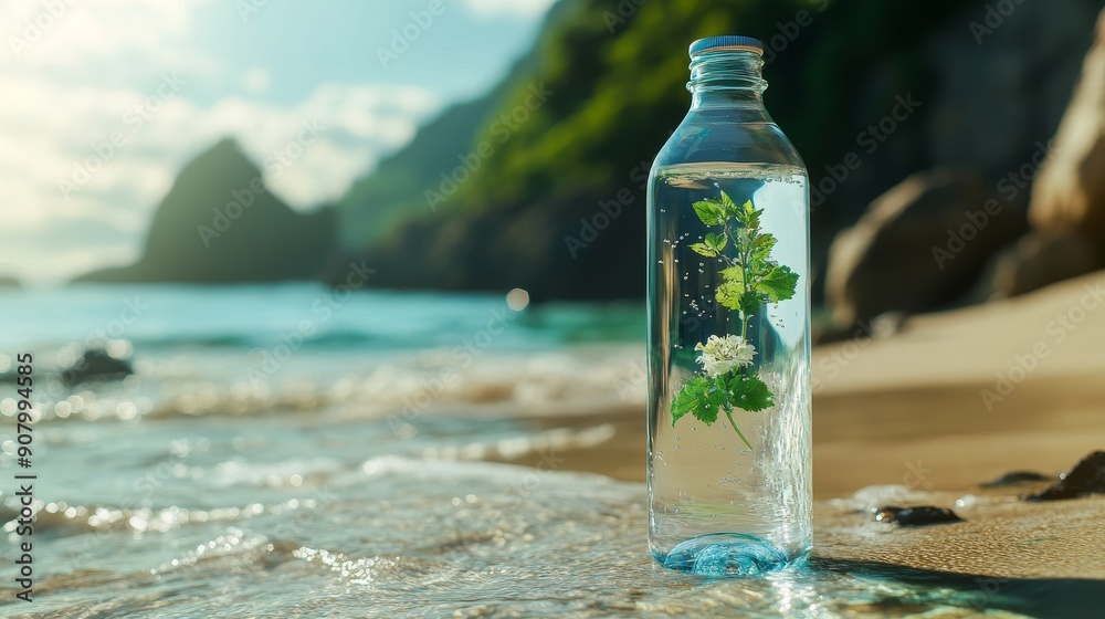Obraz premium A glass water bottle filled with fresh water and a small plant sits on a sandy beach, symbolizing sustainable living, eco-friendly practices, environmental responsibility, and a connection to nature.