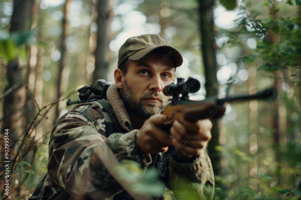 Fototapeta premium hunter with a gun in the autumn vibrant sunny forest, banner with copy space