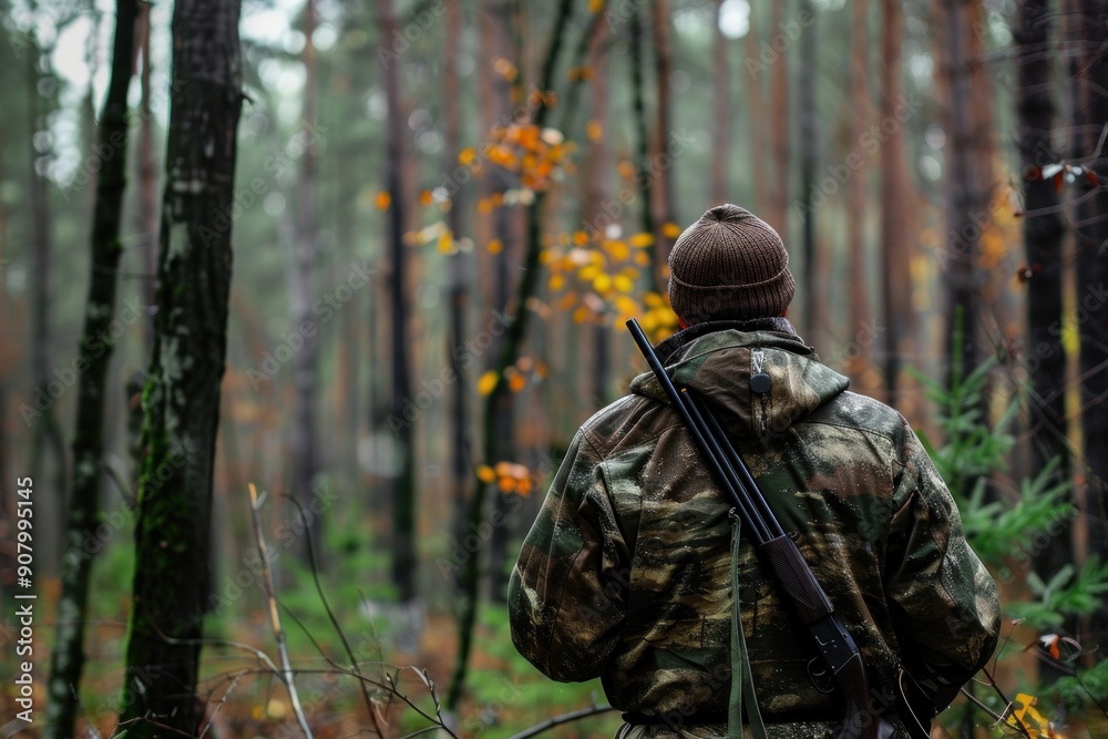 hunter with a gun in the autumn vibrant sunny forest, banner with copy space hunter with a gun in the autumn vibrant sunny forest, banner with copy space