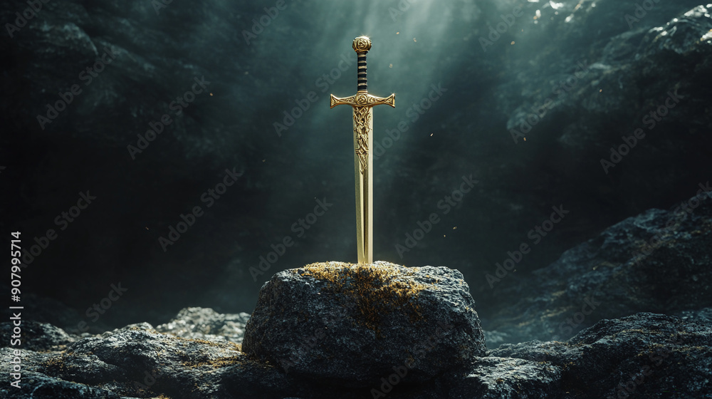 Naklejka premium A golden sword embedded in a stone