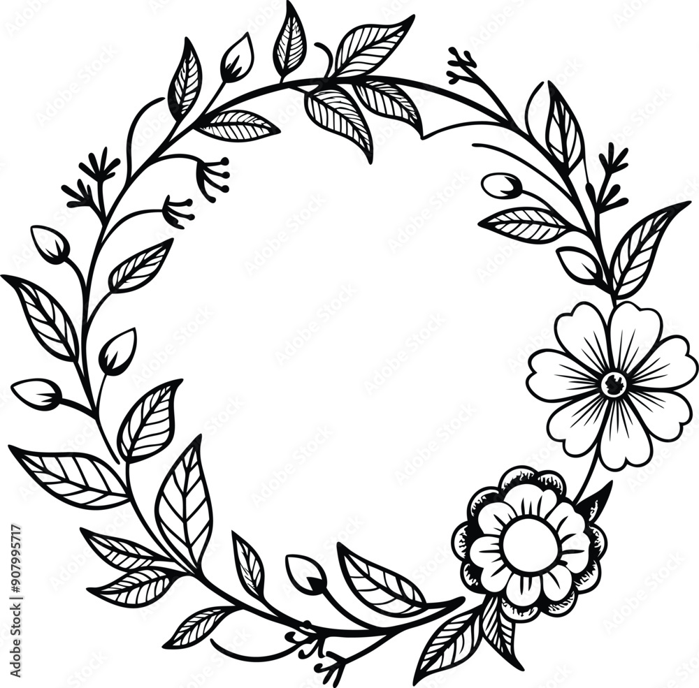 Hand drawn floral frame outline black and white Hand drawn floral frame outline black and white