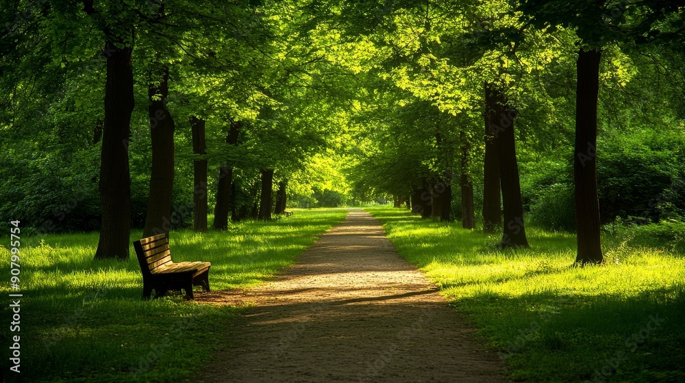 A solitary bench sits on a path winding through a lush green forest, bathed in warm sunlight. The image symbolizes peace, serenity, nature, solitude, and reflection. A solitary bench sits on a path winding through a lush green forest, bathed in warm sunlight. The image symbolizes peace, serenity, nature, solitude, and reflection.