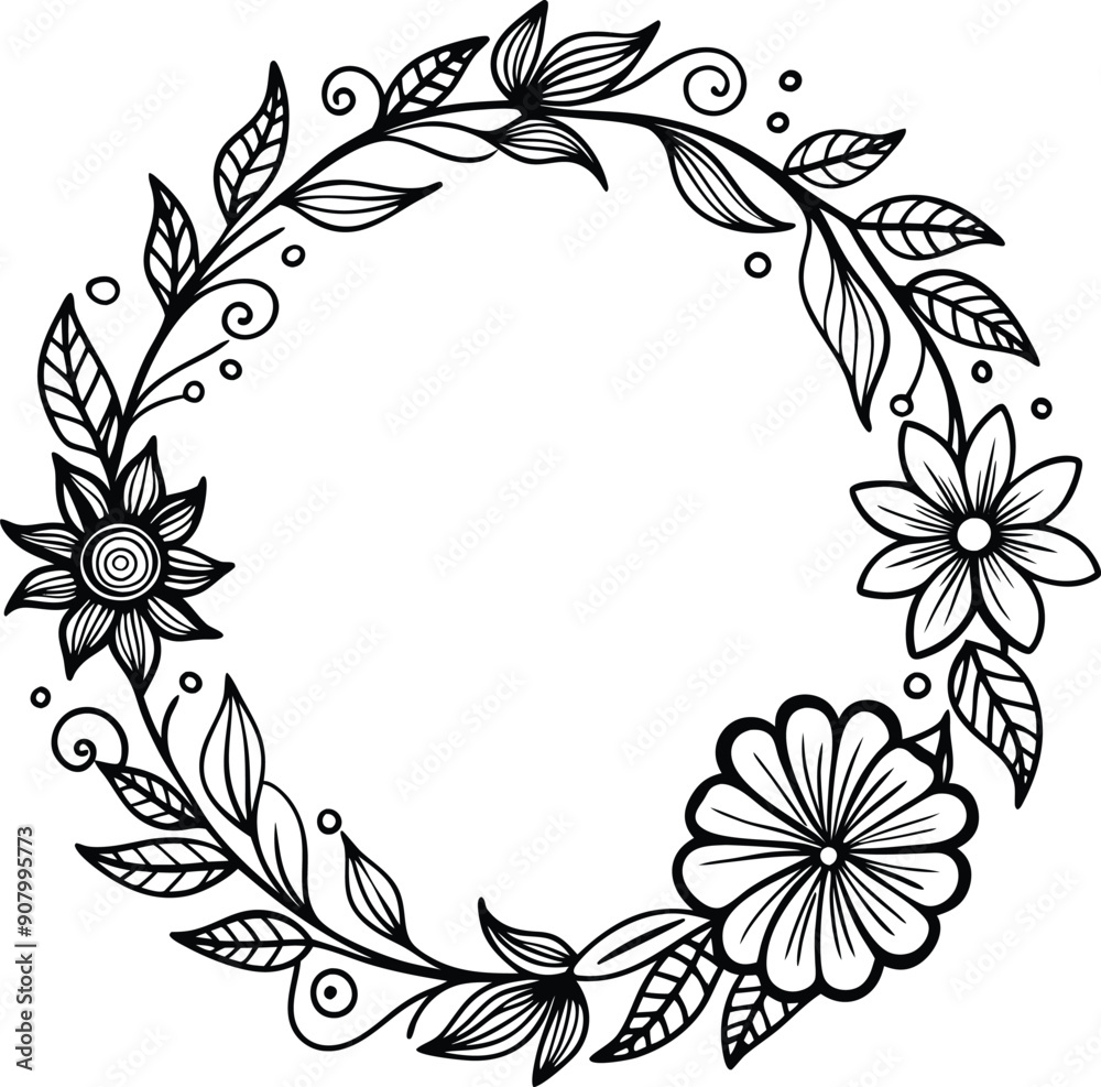 Hand drawn floral frame outline black and white Hand drawn floral frame outline black and white