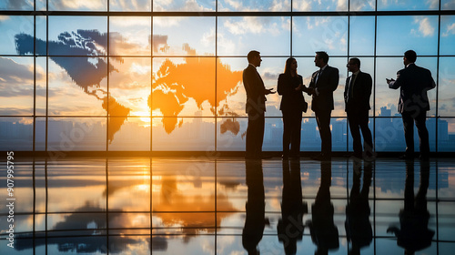 A group of executives discussing investment opportunities abroad. executives, discussing, investment opportunities, abroad, finance, investment, business, strategy, meeting, globalization.