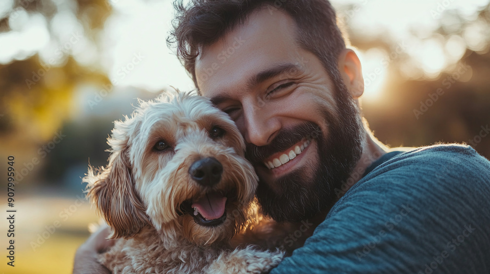 A happy pet owner with their dog. pet owner dog happy love animal companionship outdoors portrait bond friendship.
