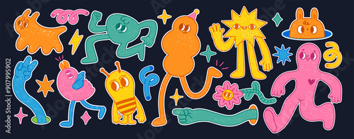 Funny abstract characters. Cartoon comic shape with faces and different emotions. Retro funky strange animal, flower. Amorphous psychedelic character vector set.