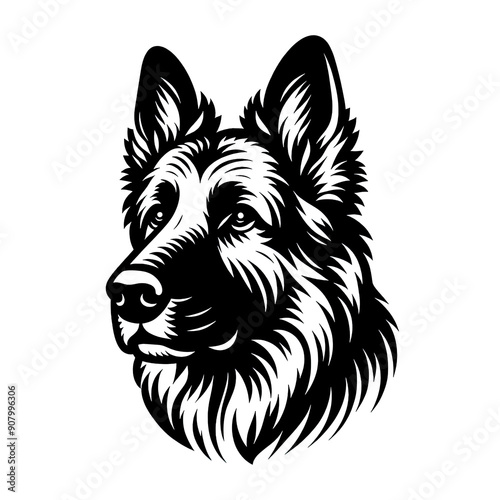 Shepherd dog head black line stencil isolated on white background PNG