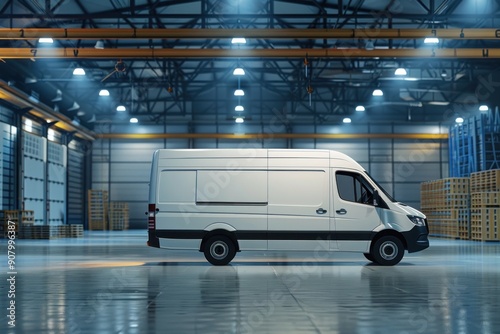 Modern Delivery Van in Warehouse. A white cargo van inside a well-lit industrial warehouse