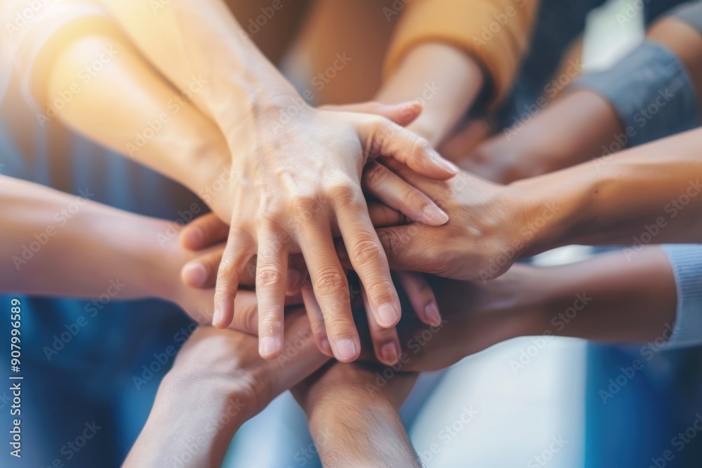 Office worker team stacking hand together symbolize successful group of business partnership and strong team Office worker team stacking hand together symbolize successful group of business partnership and strong team