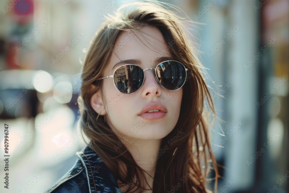 Outdoor close up portrait of young beautiful woman wearing trendy sunglasses, model posing in street Outdoor close up portrait of young beautiful woman wearing trendy sunglasses, model posing in street