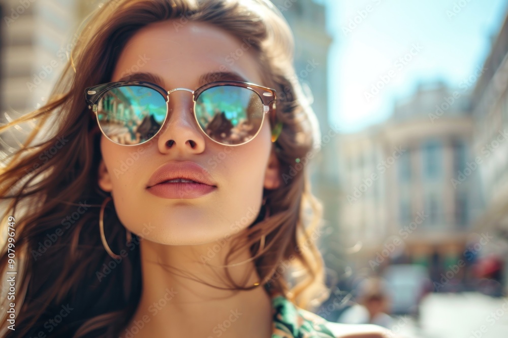 Outdoor close up portrait of young beautiful woman wearing trendy sunglasses, model posing in street Outdoor close up portrait of young beautiful woman wearing trendy sunglasses, model posing in street