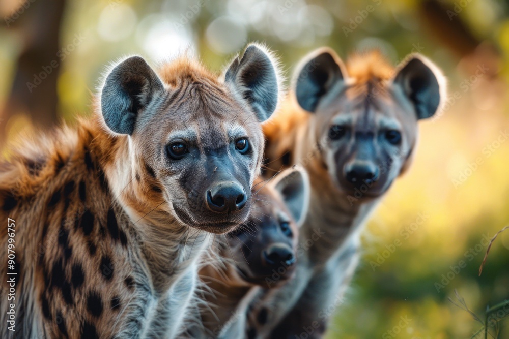 Pack of hyenas nature blurred background
