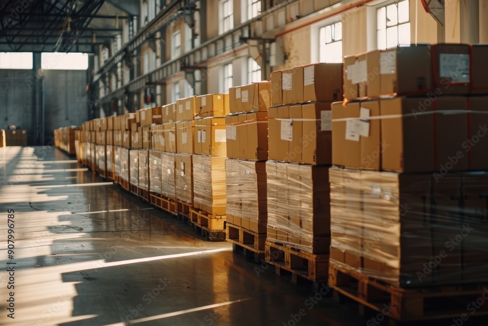 Parcels on pallets ready for transport inside a warehouse hangar. Retail company logistics with labeled boxes Parcels on pallets ready for transport inside a warehouse hangar. Retail company logistics with labeled boxes
