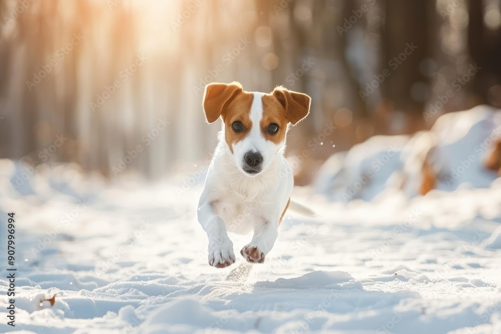 Playful Jack Russell Terrier Dog in action run Enjoying winter with snowy weather in sunny forest Playful Jack Russell Terrier Dog in action run Enjoying winter with snowy weather in sunny forest