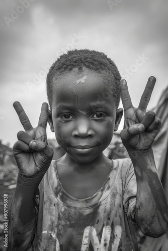 hyper realistic Cowboy Shot in black and white of an dirty faced african boy in a dirty area showing the peace sign in the style of happycore