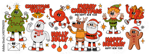 Christmas characters. Cartoon groovy 70s holiday mascots. Merry Christmas and Happy New Year. Comic Santa Claus, deer and snowman, elf and Christmas tree, gingerbread. Vector 60s winter holiday set.