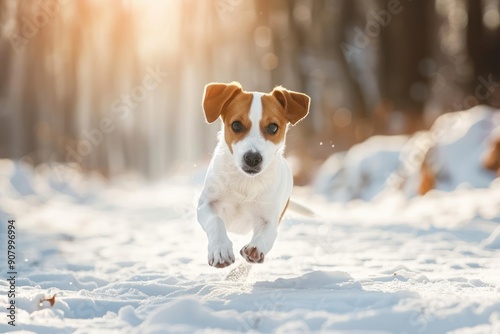 Playful Jack Russell Terrier Dog in action run Enjoying winter with snowy weather in sunny forest