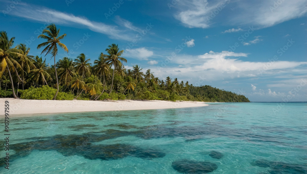 Fototapeta premium Tropical beach with white sand, coconut trees and clear blue sea water.