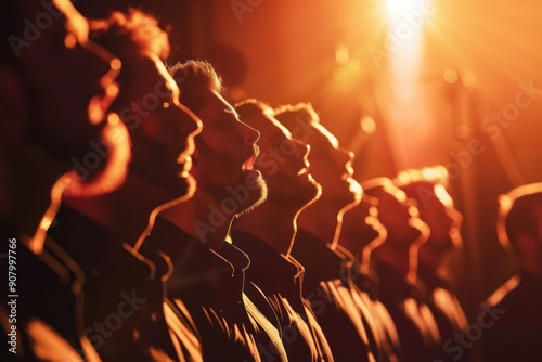 Profile view of a male choir singing passionately on stage under warm lighting