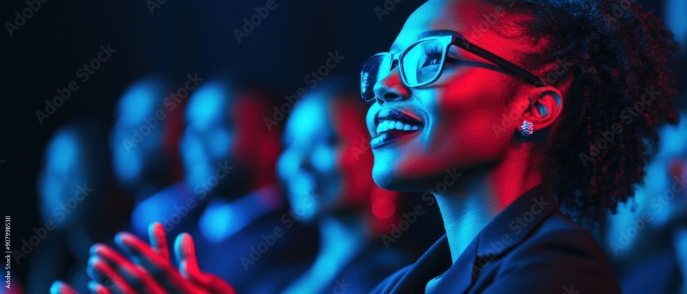 Smiling Woman Applauding at Event with Blue and Red Lighting. Generative ai Smiling Woman Applauding at Event with Blue and Red Lighting. Generative ai