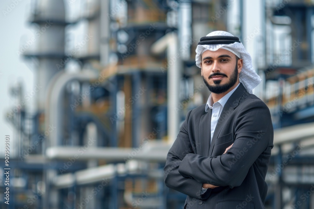 Successful Muslim Arab businessman with an oil pump, oil refinery plant in the background. Successful Saudi, Emirati Successful Muslim Arab businessman with an oil pump, oil refinery plant in the background. Successful Saudi, Emirati