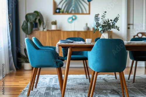 Teal blue color fabric chairs at wooden Nordic style dining room. Scandinavian, mid-century home interior design