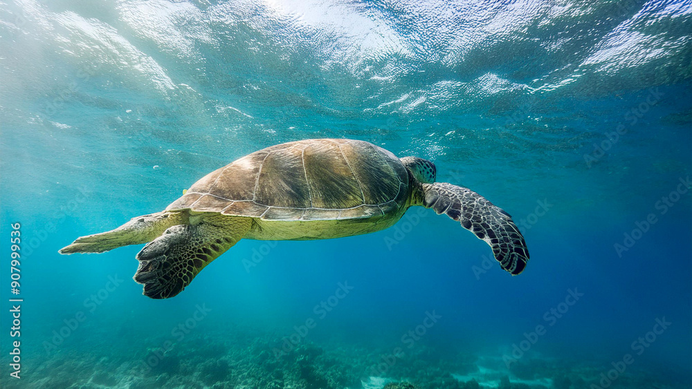 Obraz premium Underwater view of a sea turtle swimming in clear blue water. Sunlight filters through the waters and illuminating her yellow head