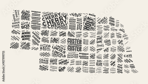 Nebraska Word Cloud. State with counties division. Nebraska typographic text clouds vector image design. Vintage gazette style state shape image. Modern vector illustration.