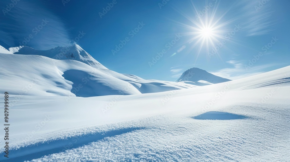 A vast, snowy landscape stretches under a bright sun, creating a serene and tranquil atmosphere with gentle patterns in the snow. A vast, snowy landscape stretches under a bright sun, creating a serene and tranquil atmosphere with gentle patterns in the snow.