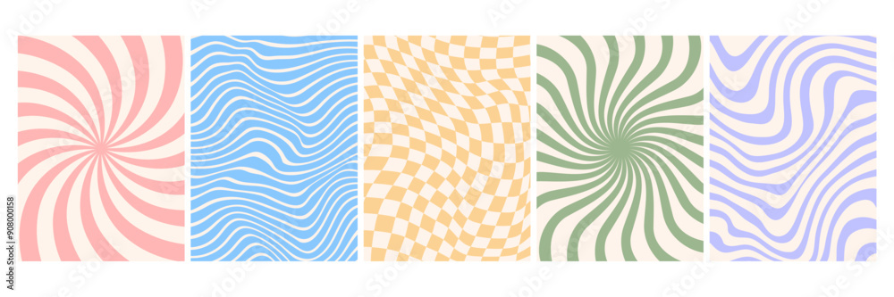 Groovy backgrounds. Comic 70s psychedelic texture. Retro funky pattern with hippie vibes with wavy, twisty swirl print. Vintage 60s texture prints graphic design template. Abstract vector backdrops.