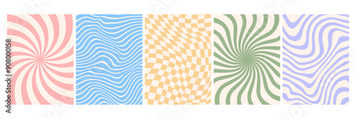 Groovy backgrounds. Comic 70s psychedelic texture. Retro funky pattern with hippie vibes with wavy, twisty swirl print. Vintage 60s texture prints graphic design template. Abstract vector backdrops.