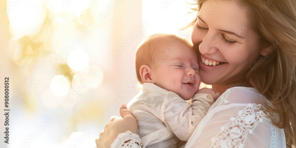 A young mom smiles and holds her newborn baby in her arms in a sunny bright room A young mom smiles and holds her newborn baby in her arms in a sunny bright room