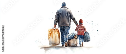 Evicted family, belongings on street, financial hardship, Watercolor style photo