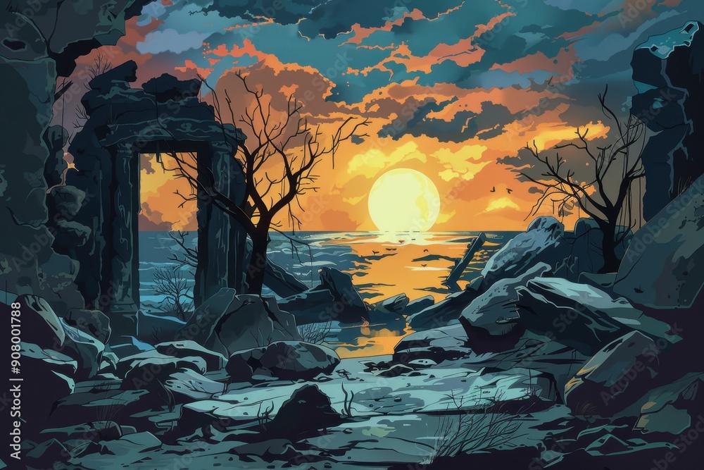 A Ruined Structure at Sunset Overlooking the Sea A Ruined Structure at Sunset Overlooking the Sea