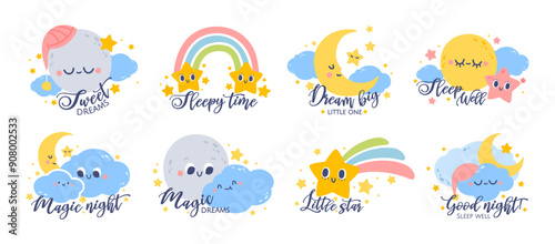 Sweet dreams. Sleeping kids lettering bedtime phrases and quotes. Cute moon, cloud, little star, rainbow. Childish goodnight elements for poster, cards, kids design for nursery decor. Vector set