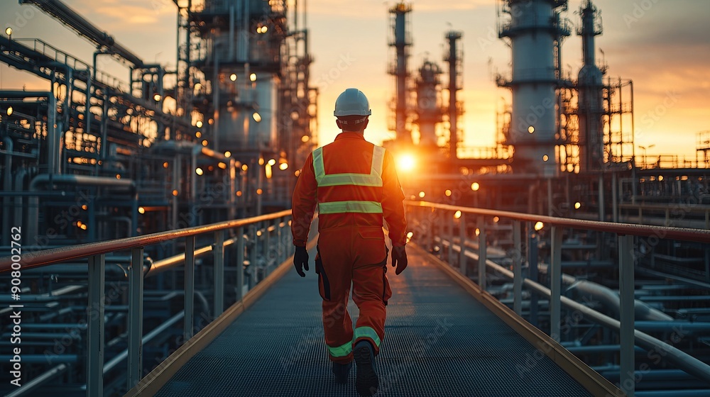 Industrial worker in safety gear walking at oil refinery during sunset Industrial worker in safety gear walking at oil refinery during sunset