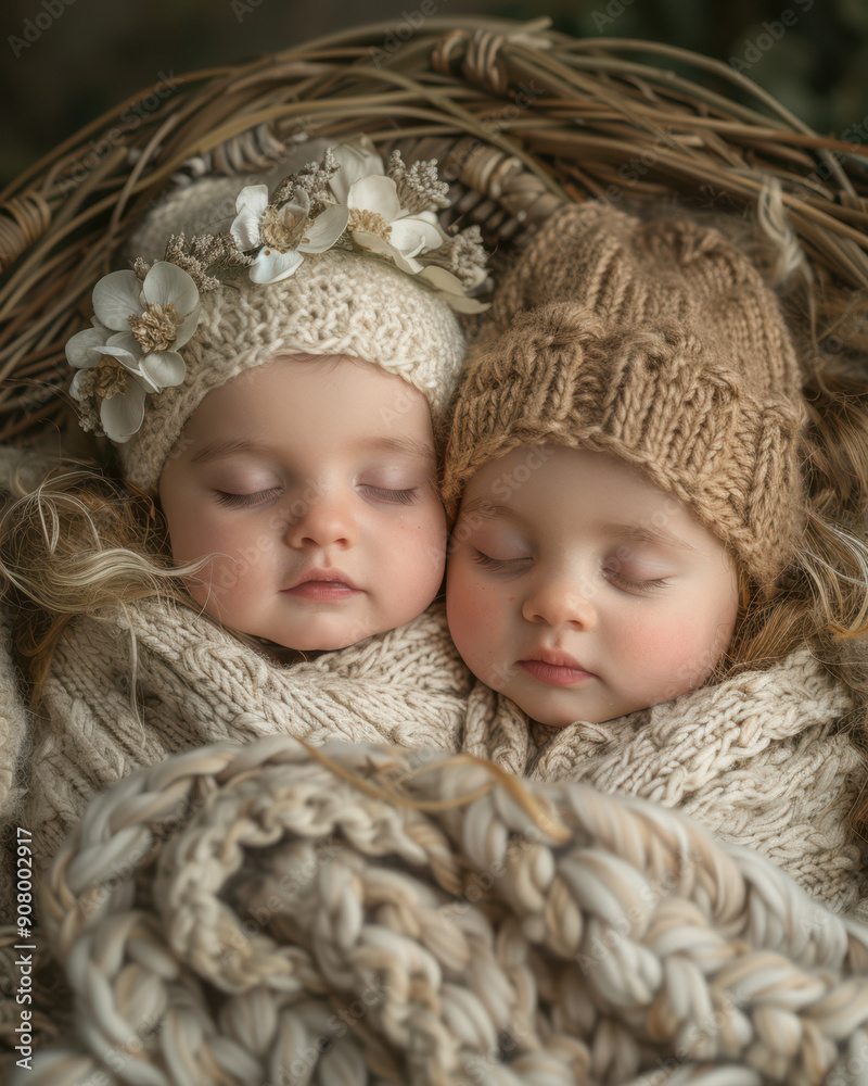 Twin babies sleeping in a wicker basket, wearing knitted hats and wrapped in soft blankets, exuding warmth and serenity
Twin babies sleeping in a wicker basket, wearing knitted hats and wrapped in soft blankets, exuding warmth and serenity
