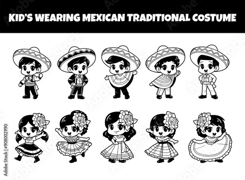 Kids wearing mexican traditional costume outline vector collection