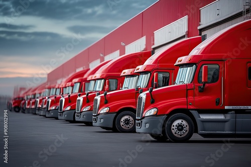 Row of red semi trucks parked in front of a warehouse