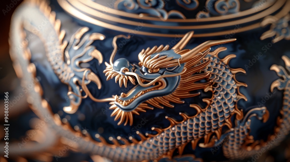 Fototapeta premium traditional Chinese dragon pattern in blue and gold on a decorative ceramic plate, highlighting the elegant curves and intricate detailing