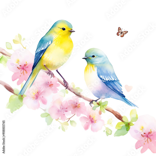 Beautiful watercolor illustration of two birds perched on a branch with cherry blossoms and a butterfly.