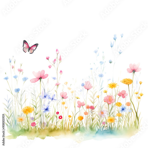 Wallpaper Mural A vibrant watercolor meadow with wildflowers and a butterfly, capturing the essence of springtime beauty and nature's tranquility. Torontodigital.ca