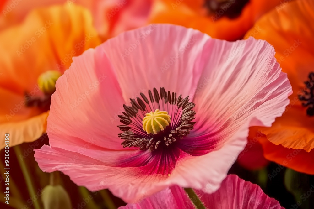 Pink Poppy Blossom: A vibrant pink poppy flower takes center stage, its delicate petals unfurling in exquisite detail against a backdrop of fiery orange companions. Pink Poppy Blossom: A vibrant pink poppy flower takes center stage, its delicate petals unfurling in exquisite detail against a backdrop of fiery orange companions.