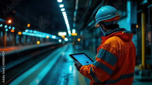 Construction worker in helmet using tablet at nighttime railway station