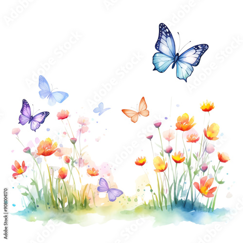 Wallpaper Mural Colorful butterflies fluttering over a vibrant meadow of blooming flowers, capturing the beauty of nature in a lively watercolor illustration. Torontodigital.ca