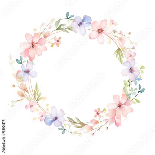 Beautiful watercolor floral wreath with pastel colors, featuring delicate pink, blue, and purple flowers, ideal for invitations and decor.