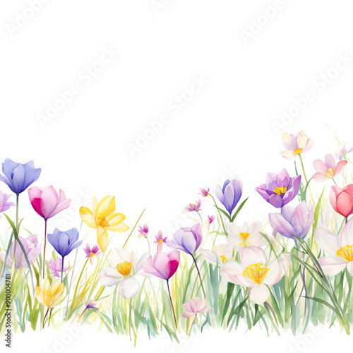 Beautiful watercolor floral border with colorful flowers and green grass on white background, perfect for spring or summer designs.