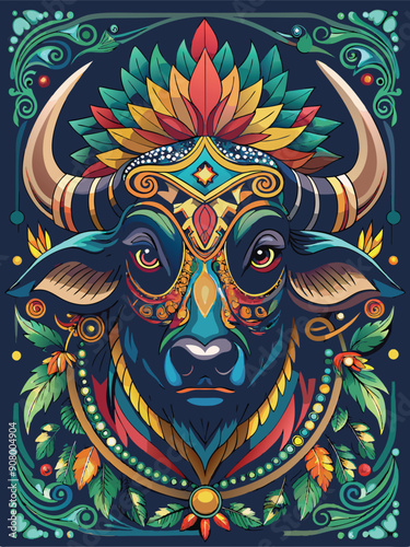 Ornate Bull Head with Feathers and Floral Designs