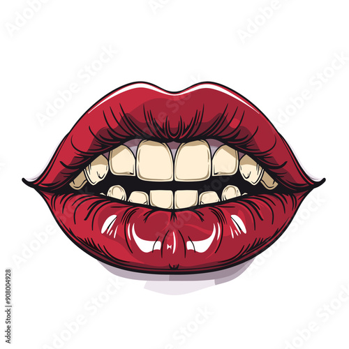 Seductive red lips bared teeth, vector illustration, isolated white background, digital art. Closeup mouth biting lip, detailed, colorful graphic style, illustration. Red lipstick glossy finish